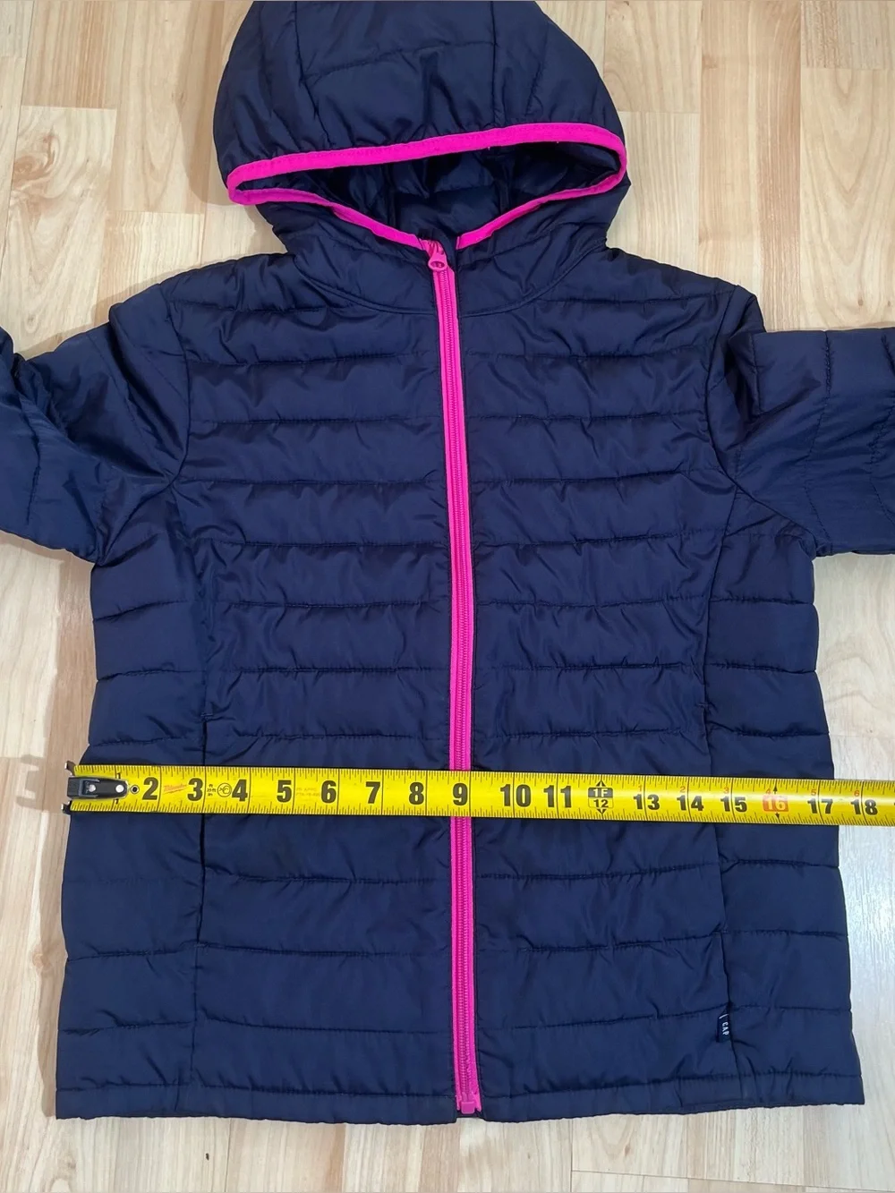 Gap Kids girls navy blue hooded quilted puffer jacket a bright pink zipper large